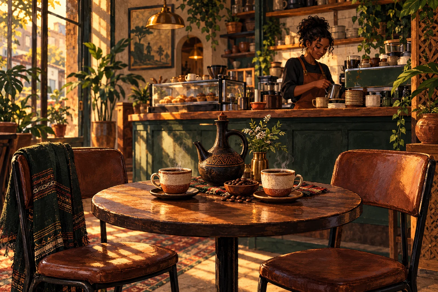 Warm illustrated café with two seats, coffee on the table and Amani at the counter